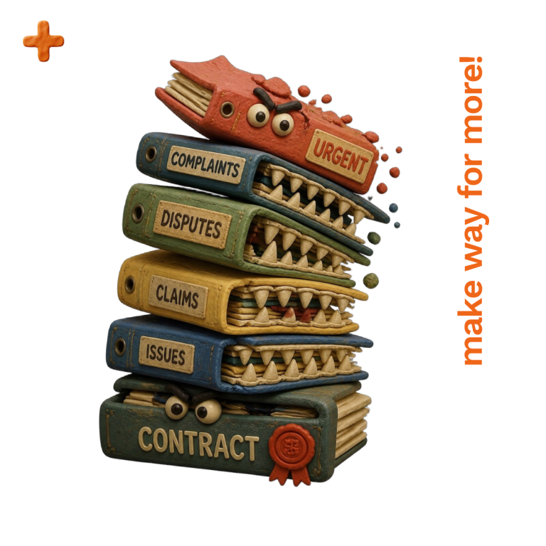You need Quantity Surveying Support Before ie escalates A stack of cartoonish files with eyes, labelled 'COMPLAINT', 'CLAIMS', and 'CONTRACT'.