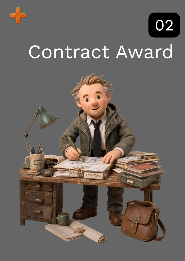 ER Contract Award Services A character in a suit sits at a desk, writing with stacks of books nearby.