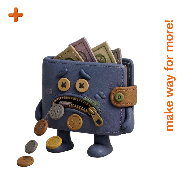 You need Quantity Surveying Support Before Cash gets tight A cartoon-style wallet with a sad face, overflowing with coins and banknotes.