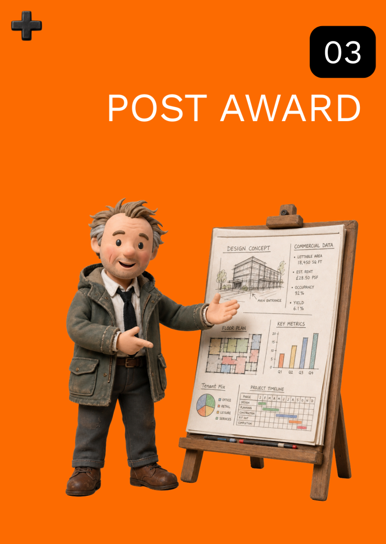 ER Post Award Services A cartoon character in a coat pointing at a presentation board with graphs and charts.