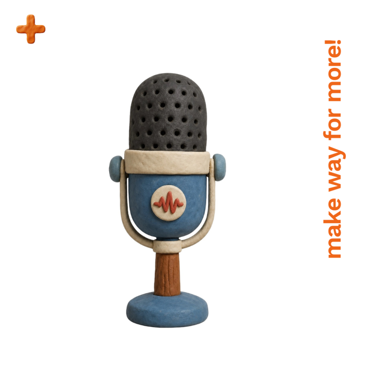 Speaking and Talks A blue and grey microphone with a wooden base and the text "make way for more!"