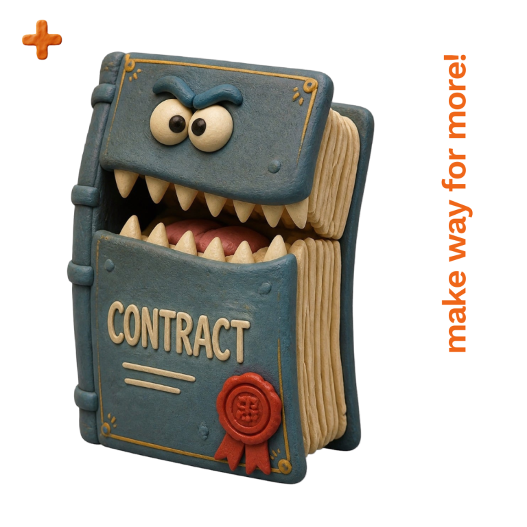 ER Contract Review Services A cartoonish book titled "CONTRACT" with a monster face and sharp teeth.
