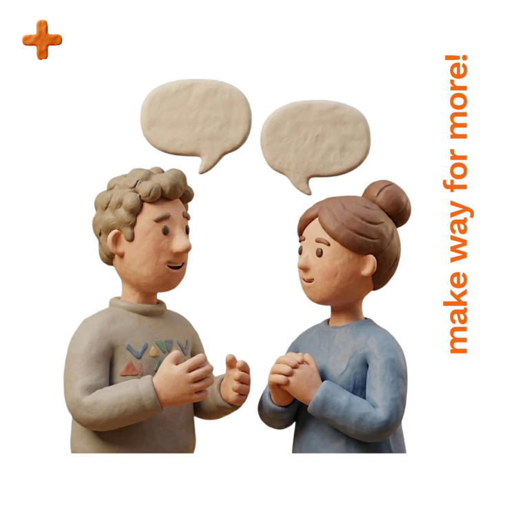 Civil and Commercial Mediation Two carved figures in conversation with speech bubbles above them, and an orange slogan.