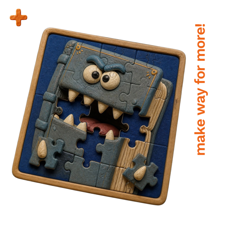 Contract Verification Services Puzzle piece character resembling a monster with sharp teeth and expressive eyes.