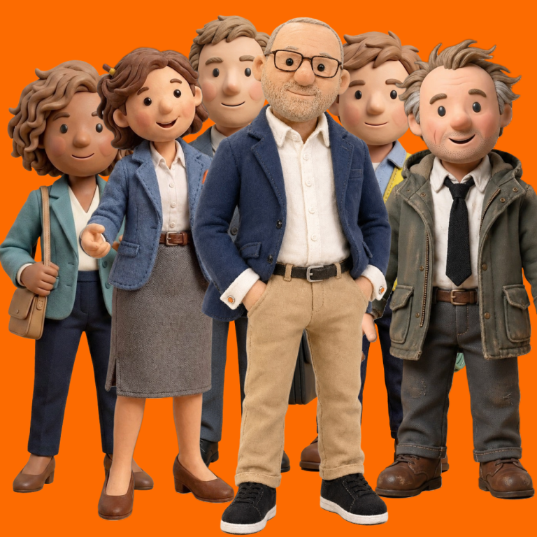 ER Built through Passion A diverse group of animated characters in casual and business attire on an orange background.